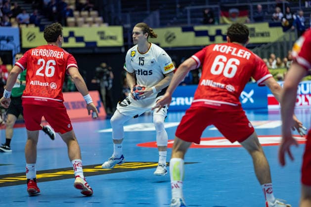 HERNING, DENMARK - JANUARY 15: Juri Knorr (Germany, 15) in attack during the EHF EURO 2026 match between Germany vs Austria at Jyske Bank Boxen Arena on matchday 1 of the Group Matches Group A on January 15, 2026 in Herning, Denmark. Midtjylland Denmark Copyright: xMarioxM.xKobergx