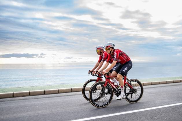 Belgian Steffen De Schuyteneer and Belgian Arnaud De Lie of Lotto-Intermarche pictured in action during a training ride of the Lotto-Intermarche cycling team in Albir, Spain, Thursday 15 January 2026. DAVIDxPINTENS  x156340859x