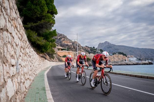 Belgian Jenno Berckmoes of Lotto-Intermarche, Belgian Steffen De Schuyteneer of Lotto-Intermarche and Belgian Jasper De Buyst pictured in action during a training ride of the Lotto-Intermarche cycling team in Albir, Spain, Thursday 15 January 2026. DAVIDxPINTENS  x156340952x