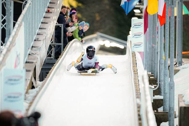 Susanne Kreher at the finish of heat 2 Skeleton World Cup Altenberg 2026, 16.01.2026 Copyright: xFootxBowl PatrickxKlixx