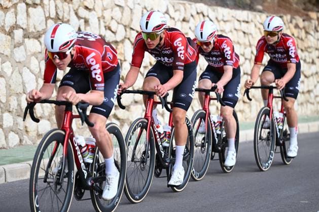 Lotto Intermarche Cycling Team Winter Training Camp 2026 L ALFAS DEL PI, SPAIN - JANUARY 16 : Berckmoes Jenno (BEL) of Lotto Intermarche, De Schuyteneer Steffen (BEL) of Lotto Intermarche, De Buyst Jasper (BEL) of Lotto Intermarche, De Lie Arnaud (BEL) of Lotto Intermarche pictured during a training session at the Lotto Intermarche UCI World Team winter stage camp at the Albir Garden Resort Hotel as part of the preparation for the new 2026 season on January 16, 2026 in L Alfas del Pi, Spain, 16 01 2026 L Alfas del Pi Spain  Copyright: xVincentxKalutx