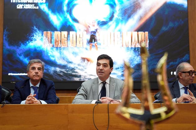 Roberto Pella, President of the Professional Cycling League, Francesco Acquaroli, President of the Marche Region, Stefano Allocchio, RCS Race Director during the the Tirreno Adriatico presentation at Li Madou palace in Ancona, Italy - Friday, January 16, 2026 -  Copyright: xMassimoxPaolone LaPressex