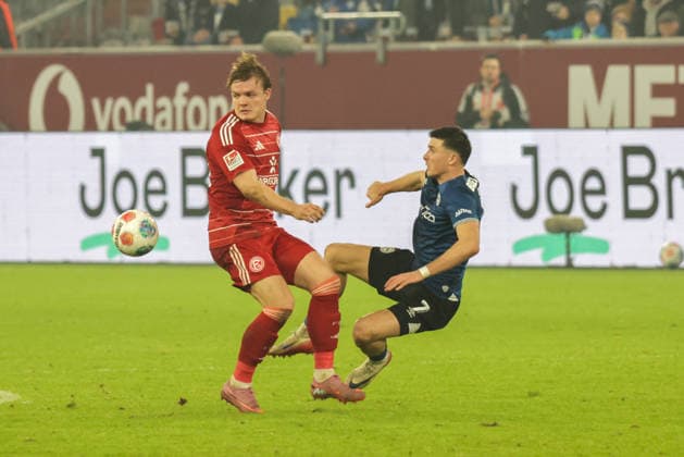 16 01 2026, xgrfx, Soccer 2 Bundesliga, Fortuna Duesseldorf Arminia Bielefeld v l Christian Rasmussen Fortuna Düsseldorf , Semir Telalovic Arminia Bielefeld DFL DFB REGULATIONS PROHIBIT ANY USE OF PHOTOGRAPHS as IMAGE SEQUENCES and or QUASI VIDEO Duesseldorf