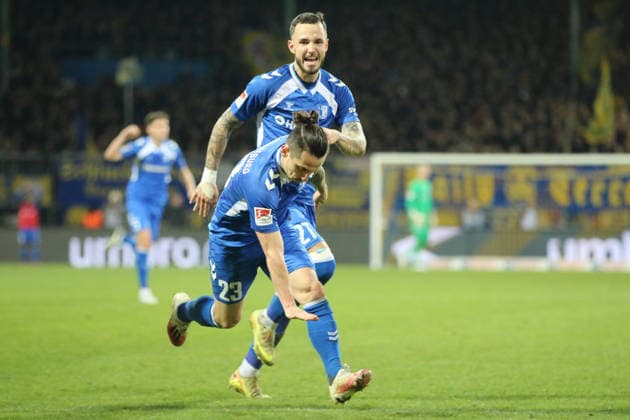 16 01 2026 Soccer Men 2025 2026 2 Bundesliga 18 Matchday Eintracht Braunschweig 1 FC Magdeburg Eintracht Stadion Braunschweig Baris Atik Magdeburg, 23, blue and Falko Michel Magdeburg, 21, blue celebrating the goal after the 2 0 Braunschweig Lower Saxony Germany