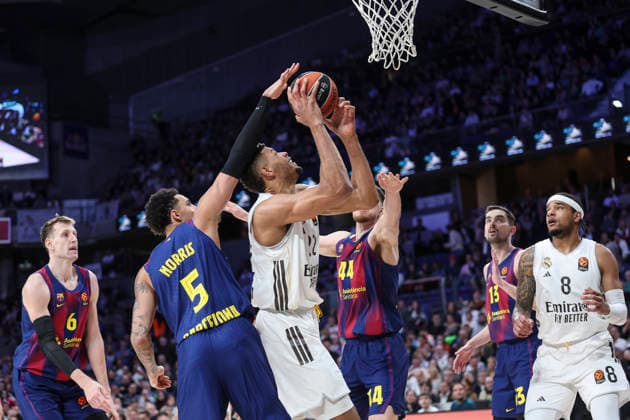 January 16, 2026, Madrid, Madrid, Spain: Miles Norris of FC Barcelona, Barca Walter Tavares of Real Madrid and Joel Parra of FC Barcelona in action during the Turkish Airlines EuroLeague Regular Season Round 22 match between Real Madrid and FC Barcelona at Movistar Arena on January 16 2026, in Madrid, Spain. Madrid Spain - ZUMAa181 20260116_zaa_a181_090 Copyright: xIrinaxR.xHipolitox