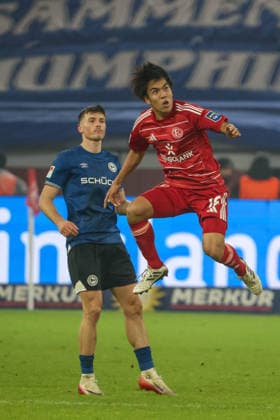 Düsseldorf, Germany 16 January 2026 2 BL 2025 2026 Fortuna Düsseldorf vs DSC Arminia Bielefeld Pictured from left Semir Telalovic DSC and Satoshi Tanaka F95 DFL regulations prohibit any use of photographs as image sequences and or quasi video Merkur Spiel Arena Nordrhein Westfalen Copyright: xFotostandx xFantinix