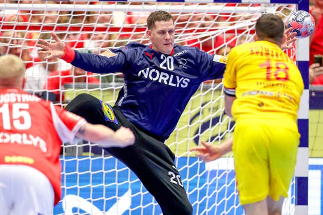 16 01 2026, Handball, Men s EHF EURO 2026, Denmark North Macedonia, Jyske Bank Boxen in Herning, Denmark, Preliminary Round Kevin Moller Denmark 20 Denmark