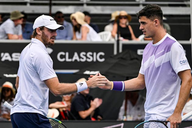 Alexander Erler (AUT) and Robert Galloway (USA) celebrates a point in the Men s doubles final match of theASB Classic Men™s ATP, Tennis Herren 250 tennis tournament at Manuka Doctor Arena, Auckland, New Zealand on Saturday 17 January 2026. Photo credit: Alan Lee Auckland New Zealand Copyright: xAlanxLeex xx