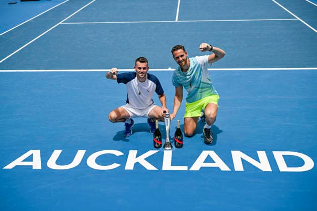 Theo Arribage (FRA) and Albano Olivetti (FRA) pose with the trophy after winning the Men s doubles final match of the ASB Classic Men™s ATP, Tennis Herren 250 tennis tournament at Manuka Doctor Arena, Auckland, New Zealand on Saturday 17 January 2026. Photo credit: Alan Lee Auckland New Zealand Copyright: xAlanxLeex xx
