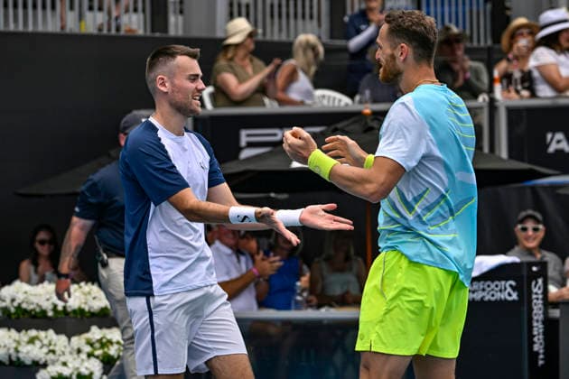 Theo Arribage (FRA) and Albano Olivetti (FRA) celebrate winning the Men s doubles final match of the ASB Classic Men™s ATP, Tennis Herren 250 tennis tournament at Manuka Doctor Arena, Auckland, New Zealand on Saturday 17 January 2026. Photo credit: Alan Lee Auckland New Zealand Copyright: xAlanxLeex xx