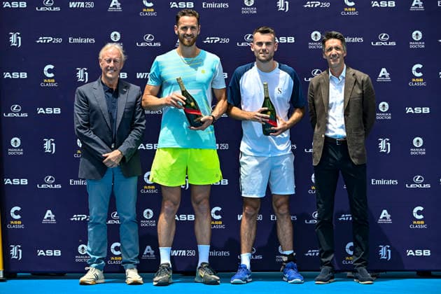 Theo Arribage (FRA) and Albano Olivetti (FRA) with Nico Lamperin (Tournament Director) during the presentation ceremony of the ASB Classic Men™s ATP, Tennis Herren 250 tennis tournament at Manuka Doctor Arena, Auckland, New Zealand on Saturday 17 January 2026. Photo credit: Alan Lee Auckland New Zealand Copyright: xAlanxLeex xx