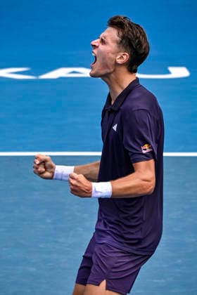 Jakub Mensik (CZE) celebrates winning the final against Sebastian Baez (ARG) in the Men s singles final match of the ASB Classic Men™s ATP, Tennis Herren 250 tennis tournament at Manuka Doctor Arena, Auckland, New Zealand on Saturday 17 January 2026. Photo credit: Alan Lee Auckland New Zealand Copyright: xAlanxLeex xx