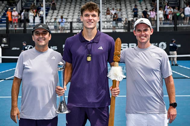 Jakub Mensik (CZE) with the trophy and his team after winning the Men s singles final match of the ASB Classic Men™s ATP, Tennis Herren 250 tennis tournament at Manuka Doctor Arena, Auckland, New Zealand on Saturday 17 January 2026. Photo credit: Alan Lee Auckland New Zealand Copyright: xAlanxLeex xx