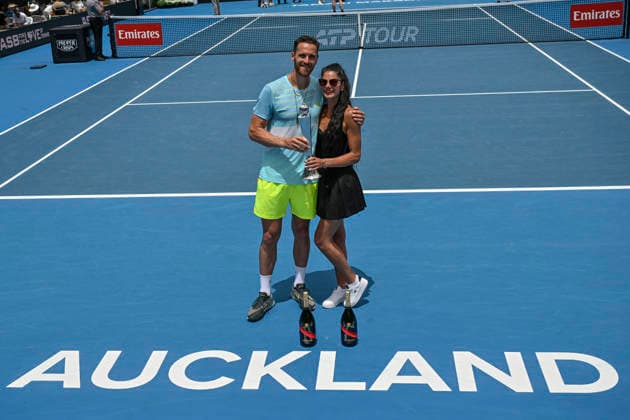 Albano Olivetti (FRA) and his wife pose with the trophy after winning the Men s doubles final match of the ASB Classic Men™s ATP, Tennis Herren 250 tennis tournament at Manuka Doctor Arena, Auckland, New Zealand on Saturday 17 January 2026. Photo credit: Alan Lee Auckland New Zealand Copyright: xAlanxLeex xx