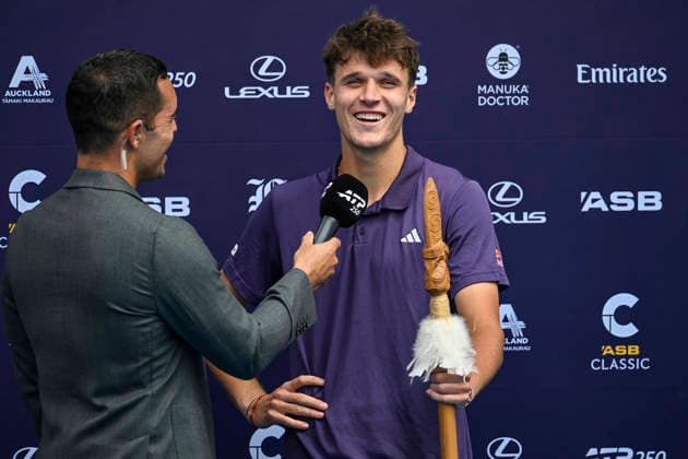 Jakub Mensik (CZE) is interviewed after winning the Men s singles final match of the ASB Classic Men™s ATP, Tennis Herren 250 tennis tournament at Manuka Doctor Arena, Auckland, New Zealand on Saturday 17 January 2026. Photo credit: Alan Lee Auckland New Zealand Copyright: xAlanxLeex xx