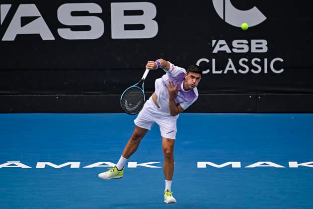 Alexander Erler (AUT) serves in the Men s doubles final match of the ASB Classic Men™s ATP, Tennis Herren 250 tennis tournament at Manuka Doctor Arena, Auckland, New Zealand on Saturday 17 January 2026. Photo credit: Alan Lee Auckland New Zealand Copyright: xAlanxLeex xx