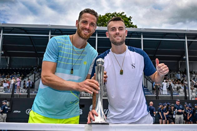 Theo Arribage (FRA) and Albano Olivetti (FRA) pose with the trophy after winning the Men s doubles final match of the ASB Classic Men™s ATP, Tennis Herren 250 tennis tournament at Manuka Doctor Arena, Auckland, New Zealand on Saturday 17 January 2026. Photo credit: Alan Lee Auckland New Zealand Copyright: xAlanxLeex xx