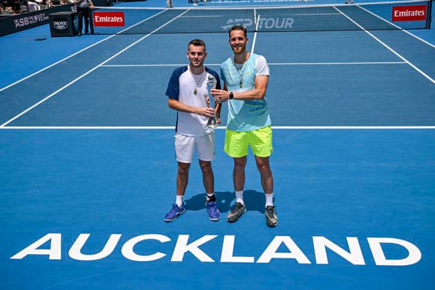 Theo Arribage (FRA) and Albano Olivetti (FRA) pose with the trophy after winning the Men s doubles final match of the ASB Classic Men™s ATP, Tennis Herren 250 tennis tournament at Manuka Doctor Arena, Auckland, New Zealand on Saturday 17 January 2026. Photo credit: Alan Lee Auckland New Zealand Copyright: xAlanxLeex xx