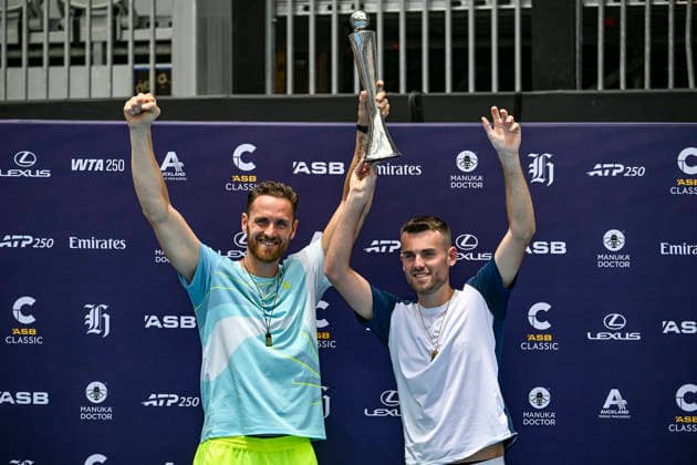 Theo Arribage (FRA) and Albano Olivetti (FRA) celebrate with the trophy after winning the Men s doubles final match of the ASB Classic Men™s ATP, Tennis Herren 250 tennis tournament at Manuka Doctor Arena, Auckland, New Zealand on Saturday 17 January 2026. Photo credit: Alan Lee Auckland New Zealand Copyright: xAlanxLeex xx