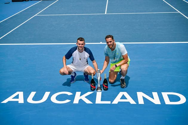 Theo Arribage (FRA) and Albano Olivetti (FRA) pose with the trophy after winning the Men s doubles final match of the ASB Classic Men™s ATP, Tennis Herren 250 tennis tournament at Manuka Doctor Arena, Auckland, New Zealand on Saturday 17 January 2026. Photo credit: Alan Lee Auckland New Zealand Copyright: xAlanxLeex xx