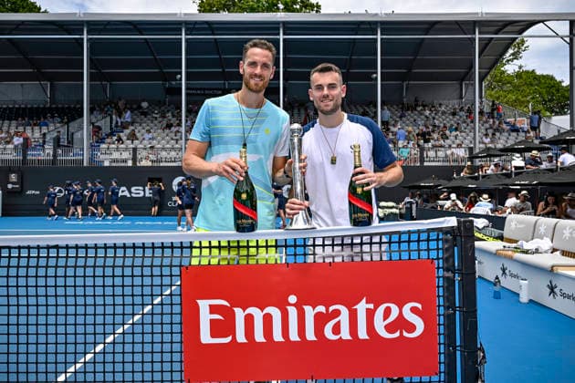 Theo Arribage (FRA) and Albano Olivetti (FRA) pose with the trophy after winning the Men s doubles final match of the ASB Classic Men™s ATP, Tennis Herren 250 tennis tournament at Manuka Doctor Arena, Auckland, New Zealand on Saturday 17 January 2026. Photo credit: Alan Lee Auckland New Zealand Copyright: xAlanxLeex xx