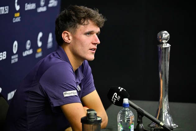 Jakub Mensik (CZE) during the post match press conference, PK, Pressekonferenz after winning the Men s singles final match of the ASB Classic Men™s ATP, Tennis Herren 250 tennis tournament at Manuka Doctor Arena, Auckland, New Zealand on Saturday 17 January 2026. Photo credit: Alan Lee Auckland New Zealand Copyright: xAlanxLeex xx