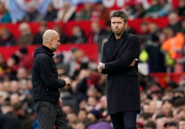 Manchester, England, 17th January 2026. Michael Carrick head coach of Manchester United, ManU during the Manchester United vs Manchester City Premier League match at Old Trafford, Manchester. Picture credit should read: Andrew Yates Sportimage EDITORIAL USE ONLY. No use with unauthorised audio, video, data, fixture lists, club league logos or live services. Online in-match use limited to 120 images, no video emulation. No use in betting, games or single club league player publications. SPI_041_AY_ManUtd_ManCity SPI-4456-0040