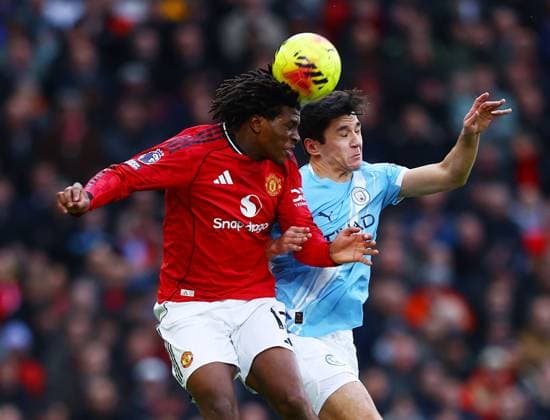 Patrick Dorgu of Manchester United, ManU and Abdukodir Khusanov of Manchester City Manchester United v Manchester City, Premier League, Football, Old Trafford, Manchester, UK - 17 Jan 2026Manchester Old Trafford United Kingdom EDITORIAL USE ONLY No use with unauthorised audio, video, data, fixture lists, club league logos or live services. Online in-match use limited to 120 images, no video emulation. No use in betting, games or single club league player publications.  Copyright: xMattxWest Shutterstockx 16347907q