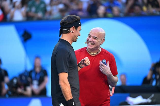 Opening Night at the 2026 Australian Open - Melbourne Roger Federer (SUI) with Andre Agassi (USA) during the Opening Night at the 2026 Australian Open at Melbourne Park in Melbourne, AUSTRALIA, on January 17, 2026. Photo by Corinne Dubreuil ABACAPRESS.COM Melbourne Australia  Copyright: xDubreuilxCorinne ABACAx