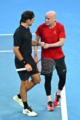 Opening Night at the 2026 Australian Open - Melbourne Roger Federer (SUI) with Andre Agassi (USA) during the Opening Night at the 2026 Australian Open at Melbourne Park in Melbourne, AUSTRALIA, on January 17, 2026. Photo by Corinne Dubreuil ABACAPRESS.COM Melbourne Australia  Copyright: xDubreuilxCorinne ABACAx