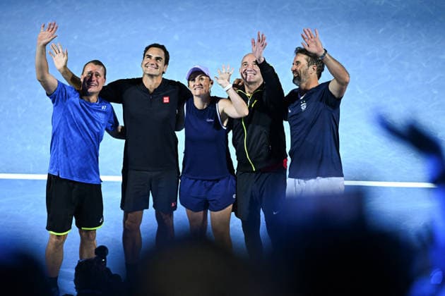 Opening Night at the 2026 Australian Open - Melbourne Andre Agassi (USA), Roger Federer (SUI), Ashley Barty (AUS), Patrick Rafter (AUS) and Lleython Hewitt (AUS) during the Opening Night at the 2026 Australian Open at Melbourne Park in Melbourne, AUSTRALIA, on January 17, 2026. Photo by Corinne Dubreuil ABACAPRESS.COM Melbourne Australia  Copyright: xDubreuilxCorinne ABACAx