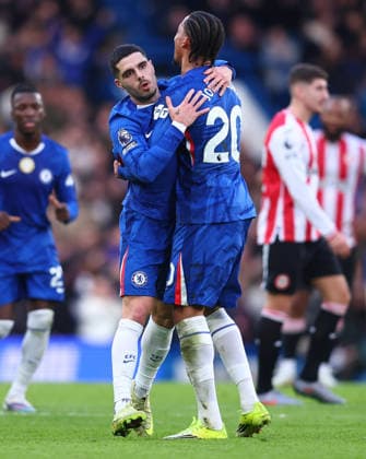 London, England, 17th January 2026. Joao Pedro (R) of Chelsea celebrates with Pedro Neto of Chelsea after scoring to make it 1-0 during the Chelsea vs Brentford Premier League match at Stamford Bridge, London. Picture credit should read: Paul Terry Sportimage EDITORIAL USE ONLY. No use with unauthorised audio, video, data, fixture lists, club league logos or live services. Online in-match use limited to 120 images, no video emulation. No use in betting, games or single club league player publications. SPI_046_PT_Chelsea_Brentford SPI-4458-0046