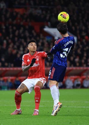 Nottingham, England, 17th January 2026. Igor Jesus of Nottingham Forest (l) challenges Martin Zubimendi of Arsenal during the Nottingham Forest vs Arsenal Premier League match at the City Ground, Nottingham. Picture credit should read: Jessica Hornby Sportimage EDITORIAL USE ONLY. No use with unauthorised audio, video, data, fixture lists, club league logos or live services. Online in-match use limited to 120 images, no video emulation. No use in betting, games or single club league player publications. SPI_028_JH_FOREST_ARSENAL SPI-4459-0028