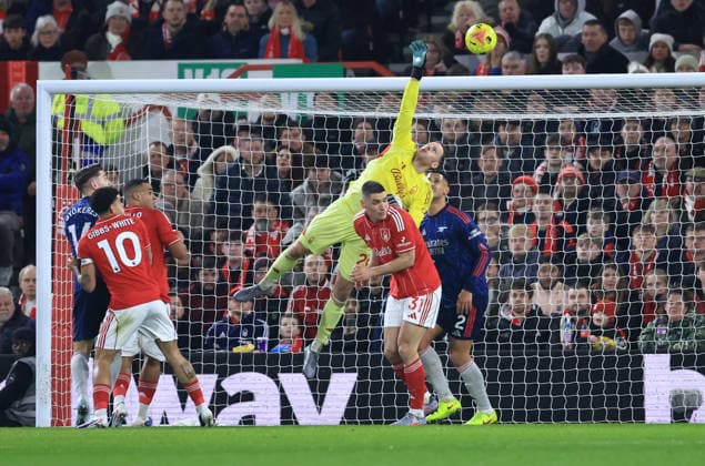 Nottingham, England, 17th January 2026. Matz Sels of Nottingham Forest punches a corner kick away during the Nottingham Forest vs Arsenal Premier League match at the City Ground, Nottingham. Picture credit should read: Jessica Hornby Sportimage EDITORIAL USE ONLY. No use with unauthorised audio, video, data, fixture lists, club league logos or live services. Online in-match use limited to 120 images, no video emulation. No use in betting, games or single club league player publications. SPI_032_JH_FOREST_ARSENAL SPI-4459-0032