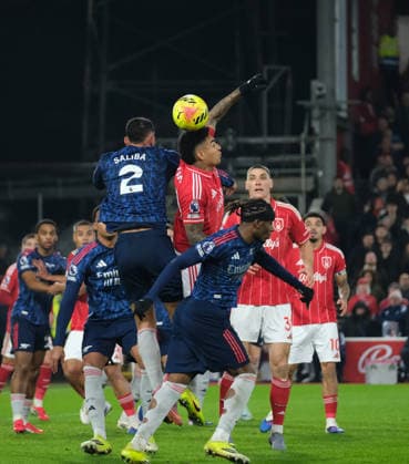 William Saliba of Arsenal and Igor Jesus of Nottingham Forest seen in action during the Premier league football match between Nottingham Forest and Arsenal at the City Ground in Nottingham. Copyright: xPaulxBonser SportsxPressxPhotox Sportspressphoto_SPR82589