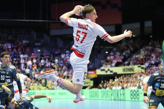 Austria Spain, Men s EHF EM 2026 Jakob Nigg Austria, 57 Handball EHF European Championship, international match between Austria and Spain on January 17, 2026 in Herning Denmark , Herning Denmark Jyske Bank Boxen