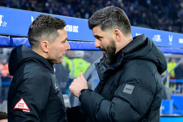 GER, Berlin, soccer, Hertha BSC vs FC Schalke 04, DFB, 2nd Bundesliga, 2025 2026 season, Gameday 18, f l t r Stefan Leitl Hertha BSC , Miron Muslic FC Schalke 04, Trainer , welcome, DFB DFL REGULATIONS PROHIBIT ANY USE OF PHOTOGRAPHS AS IMAGE SEQUENCES AND OR QUASI VIDEO, January 17, 2026, Copyright: HMBxMedia UwexKoch