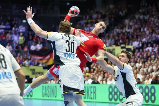 Serbia Germany, EHF Handball European Championship 2026 Uros Borzas Serbia, 13 vs Tom Kiesler Germany, 30 and Johannes Golla Germany, 4 Handball EHF European Championship, international match between Serbia and Germany on January 17, 2026 in Herning Denmark , Herning Denmark Jyske Bank Boxen