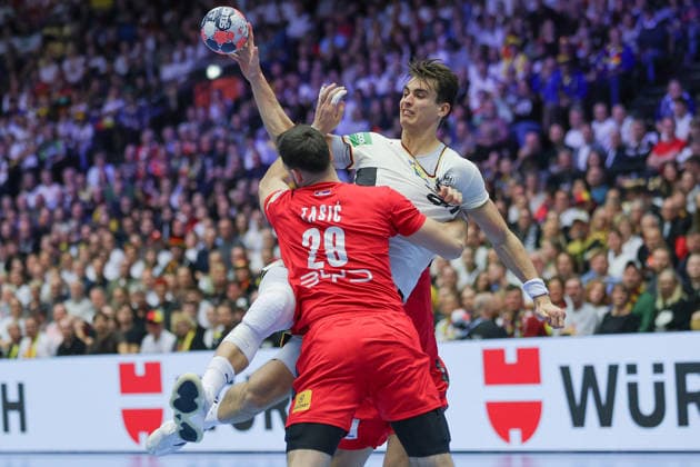 Serbia Germany, EHF Handball European Championship 2026 Julian Köster Germany, 18 vs Marko Tasic Serbia, 29 Handball EHF European Championship, International match between Serbia and Germany on January 17, 2026 in Herning Denmark , Herning Denmark Jyske Bank Boxing
