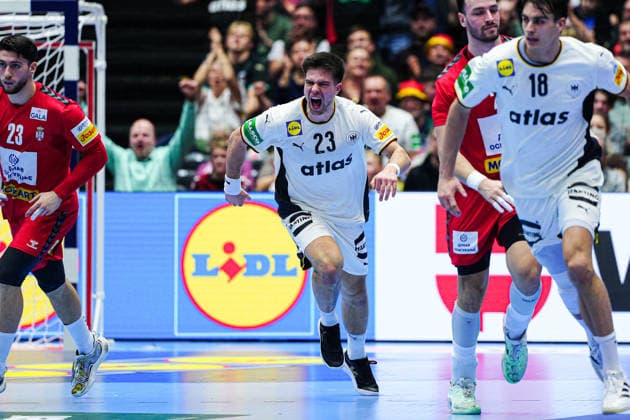 Goal celebration Renars Uscins Germany, 23 DEN, Serbia vs Germany, Handball, EHF European Championship 2026, Group A, Matchday 2, 17 01 2026 DEN, Serbia vs Germany, Handball, EHF European Championship 2026, Group A, Matchday 2, 17 01 2026 Herning Copyright: xEibner-Pressefoto MarcelxvonxFehrnx EP_MFN