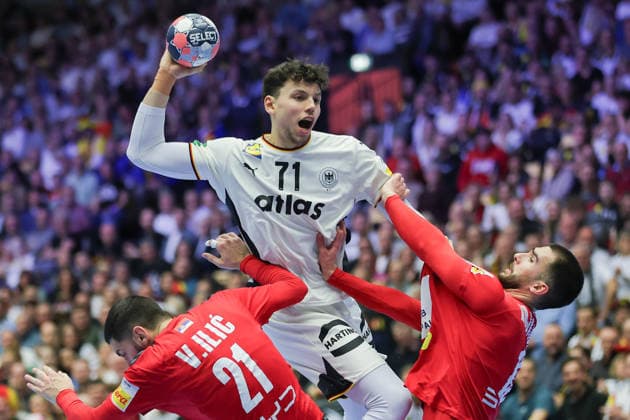 Serbia Germany, EHF Handball European Championship 2026 Marko Grgic Germany, 71 vs Vanja Ilic Serbia, 21 and Uros Kojadinovic Serbia, 15 Handball EHF European Championship, International match between Serbia and Germany on January 17, 2026 in Herning Denmark , Herning Denmark Jyske Bank Boxing