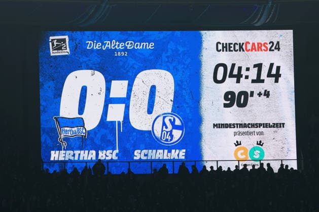 DEU, DFL, 2 FBL, Hertha BSC vs Schalke 04, 17 01 2026, Berliner Olympiastadion, Berlin, DEU, DFL, 2 FBL, Hertha BSC vs Schalke 04, in the picture scoreboard with the final result, 0 0 DFL regulations prohibit any use of Photographs as image sequences and or quasi video nordphotoxGmbHx xEngler nph00076