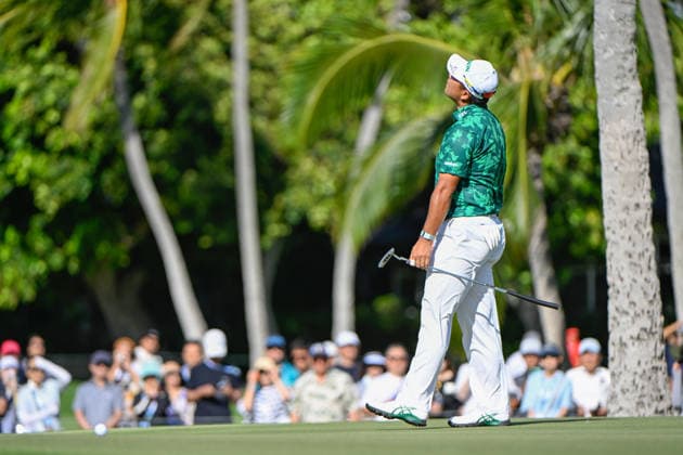 HONOLULU, HI - JANUARY 17: Hideki Matsuyama (JPN) reacts to barely missing his birdie putt on 10 during the third round of the Sony Open on January 17, 2026, at Waialae Country Club, Honolulu, Hawaii. (Photo by Ken Murray Icon Sportswire) GOLF: JAN 17 PGA, Golf Herren Sony Open in Hawaii EDITORIAL USE ONLY Icon2601170253
