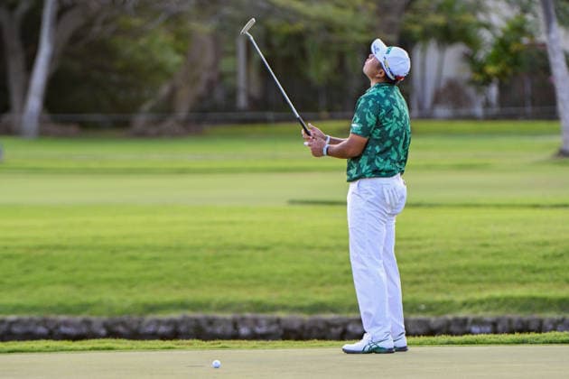 HONOLULU, HI - JANUARY 17: Hideki Matsuyama (JPN) reacts to lipping out his birdie attempt on 3 during the third round of the Sony Open on January 17, 2026, at Waialae Country Club, Honolulu, Hawaii. (Photo by Ken Murray Icon Sportswire) GOLF: JAN 17 PGA, Golf Herren Sony Open in Hawaii EDITORIAL USE ONLY Icon2601170133