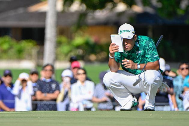 HONOLULU, HI - JANUARY 17: Hideki Matsuyama (JPN) looks over his birdie putt on 10 during the third round of the Sony Open on January 17, 2026, at Waialae Country Club, Honolulu, Hawaii. (Photo by Ken Murray Icon Sportswire) GOLF: JAN 17 PGA, Golf Herren Sony Open in Hawaii EDITORIAL USE ONLY Icon2601170243