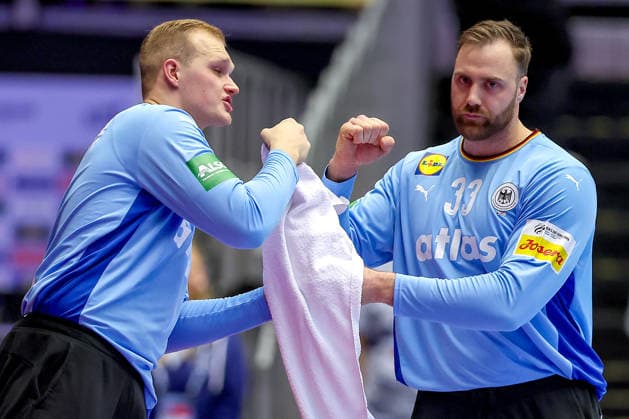 17 01 2026, Handball, Men s EHF EURO 2026, Germany Serbia, Jyske Bank Boxing in Herning, Denmark, Preliminary Round David Späth Germany 01 together with Andreas Wolff Germany 33 Denmark