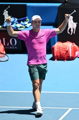 TENNIS AUSTRALIAN OPEN, Arthur Fery of Great Britain celebrates winning the Men™s 1st round match against Flavio Cobolli of Italy on day 1 of the 2026 Australian Open tennis tournament at Melbourne Park in Melbourne, Wednesday, January 14, 2026. ( NO ARCHIVING MELBOURNE VICTORIA AUSTRALIA  Copyright: xLUKASxCOCHx 20260118171098122931