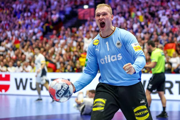 17 01 2026, Handball, Men s EHF EURO 2026, Germany Serbia, Jyske Bank Boxing in Herning, Denmark, Preliminary Round David Späth Germany 01 Cheering Emotions Joy Denmark