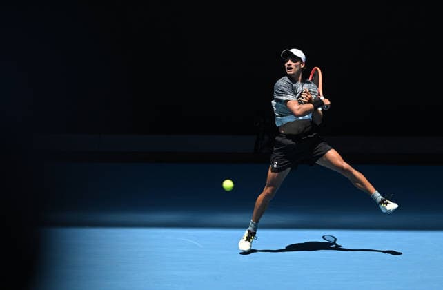 TENNIS AUSTRALIAN OPEN, Flavio Cobolli of Italy in action during the Men™s 1st round match against Arthur Fery of Great Britain on day 1 of the 2026 Australian Open tennis tournament at Melbourne Park in Melbourne, Wednesday, January 14, 2026. ( NO ARCHIVING MELBOURNE VICTORIA AUSTRALIA  Copyright: xLUKASxCOCHx 20260118128210640265
