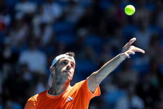 (260118) -- MELBOURNE, Jan. 18, 2026 -- Francisco Cerundolo of Argentina serves during the men s singles first round match between Zhang Zhizhen of China and Francisco Cerundolo of Argentina at the Australian Open tennis tournament 2026 in Melbourne, Australia, Jan. 18, 2026. (Photo by Xinhua) (SP)AUSTRALIA-MELBOURNE-AUSTRALIAN OPEN-MEN S SINGLES-DAY 1 HuxJingchen 